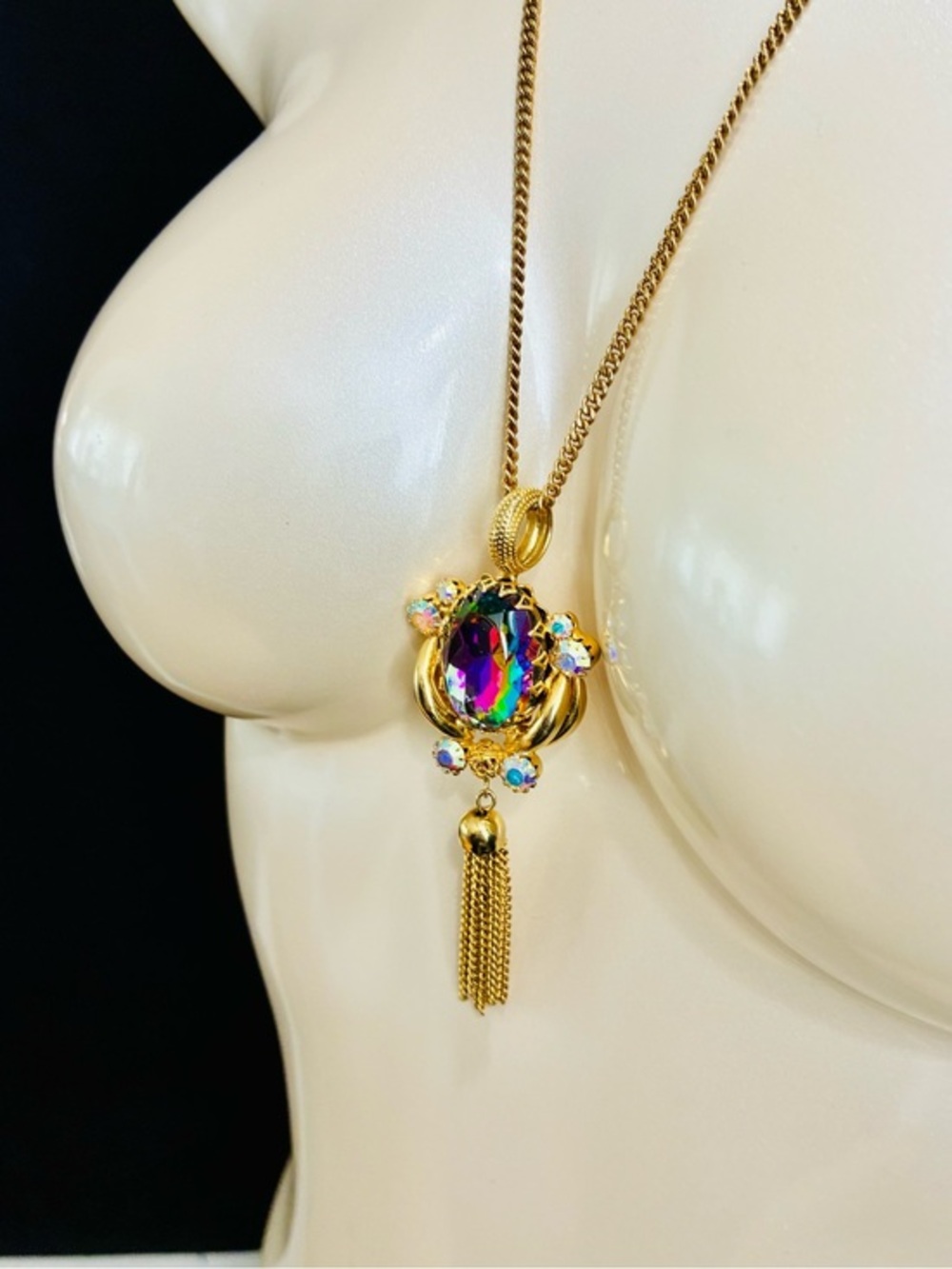 Gold-Tone Pendant Necklace with Watermelon Multicolor Glass Center and Tassel
